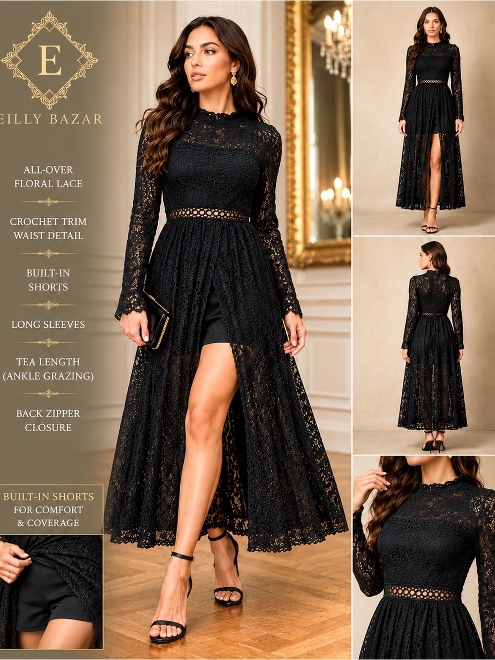 Eilly Bazar Black Lace Maxi Skort Dress S Long Sleeve Slit Overlay Whimsigoth C5